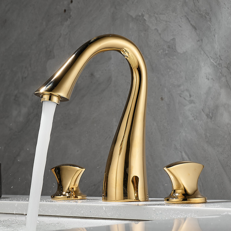 Polished Gold 3 Hole Widespread Basin Mixer Faucet