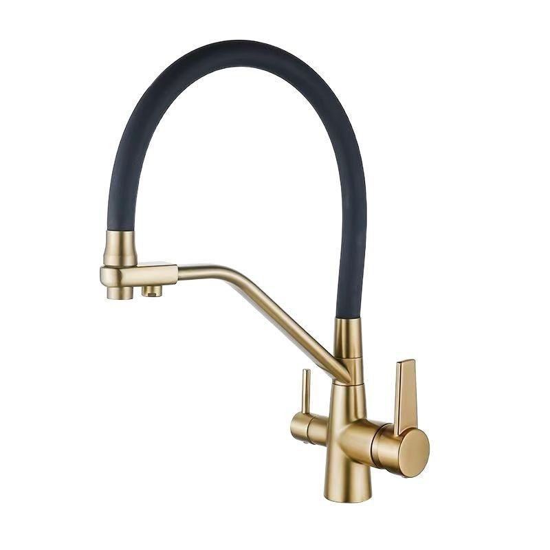 Brushed Gold Two Handle Kitchen Mixer Faucet with Flexible Silicone Spout, Solid Brass