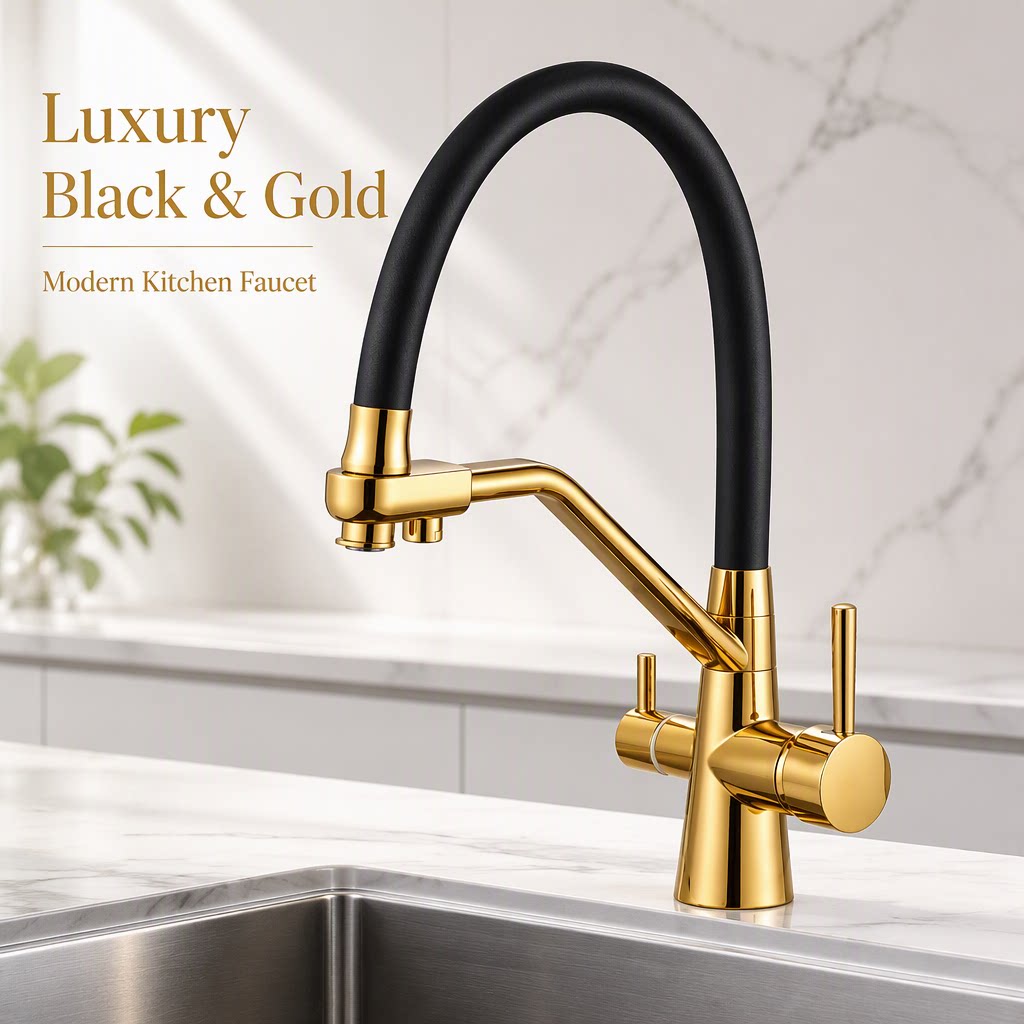 Brushed Gold Two Handle Kitchen Mixer Faucet with Flexible Silicone Spout, Solid Brass