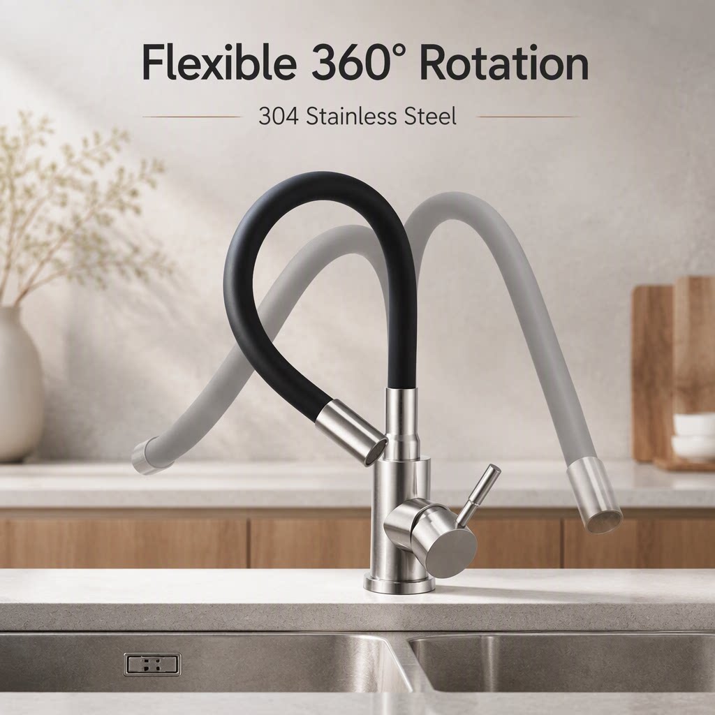 Brushed Nickel Single Lever Flexible Silicone Spout Kitchen Mixer Faucet, Solid Brass