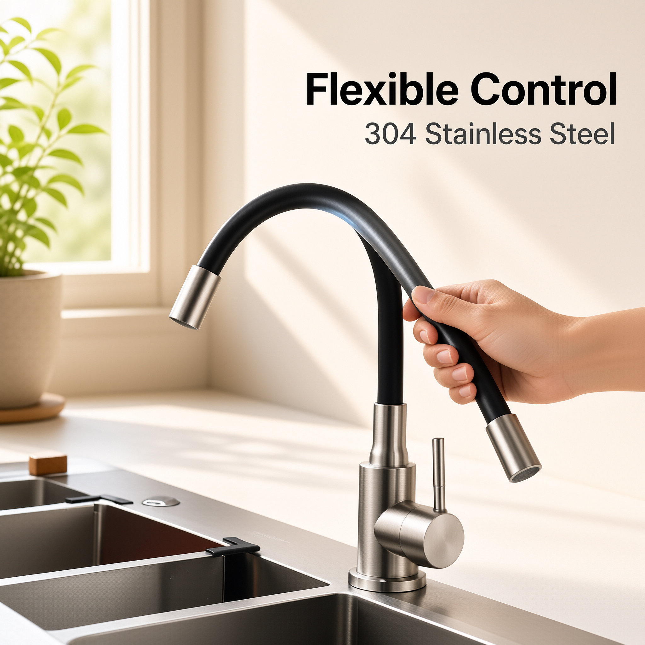 Brushed Nickel Single Lever Flexible Silicone Spout Kitchen Mixer Faucet, Solid Brass