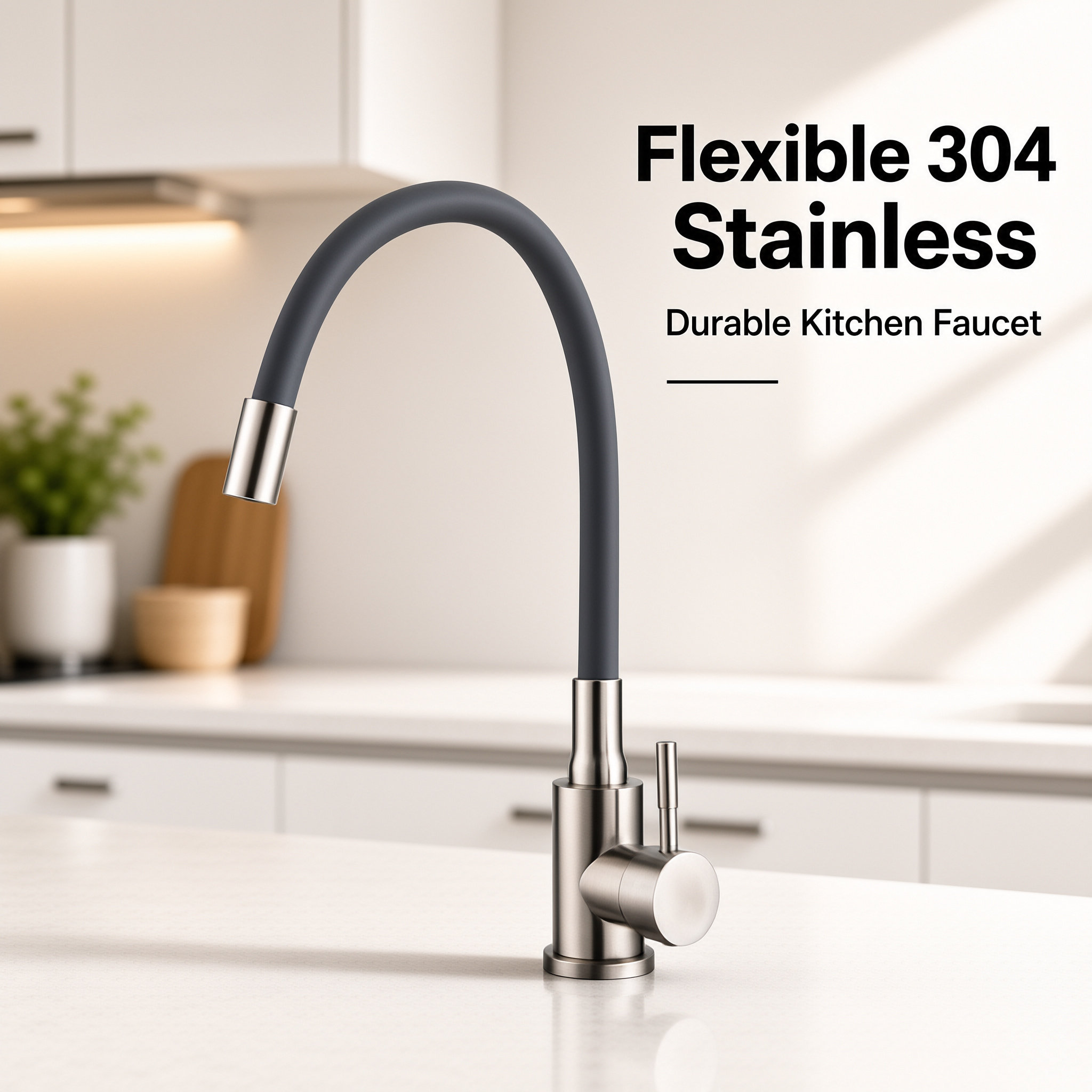 Brushed Nickel Single Lever Flexible Silicone Spout Kitchen Mixer Faucet, Solid Brass
