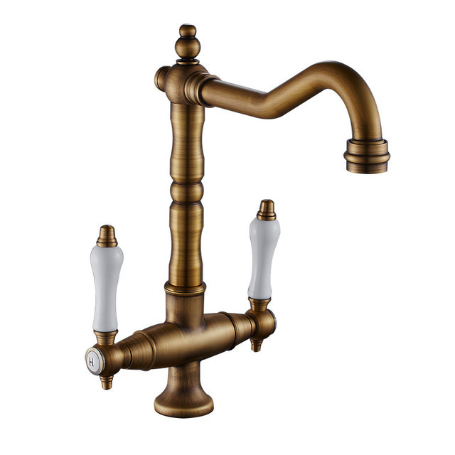 Antique Bronze Two Handle Classic Kitchen Mixer Faucet, Solid Brass
