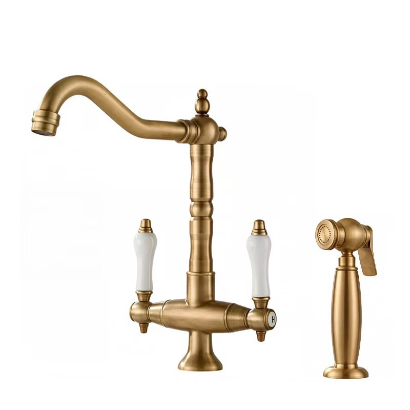 Antique Bronze Two Handle Classic Kitchen Mixer Faucet, Solid Brass