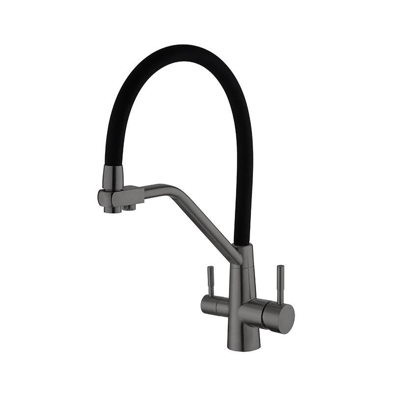 Brushed Gold Two Handle Flexible Silicone Spout Kitchen Mixer Faucet, Solid Brass