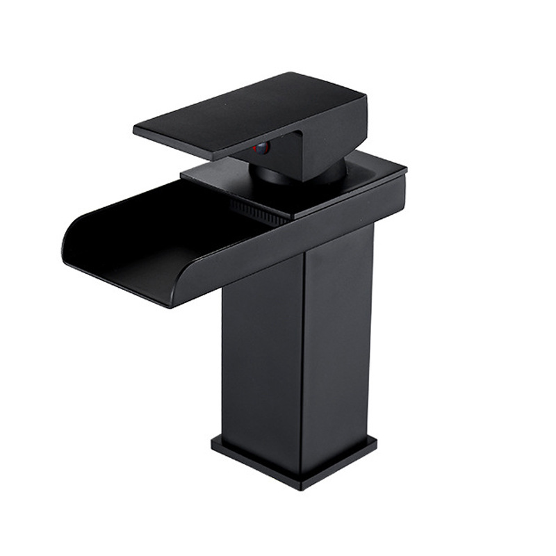 Matte Black Waterfall Basin Faucet, Single Lever Square Bathroom Vanity Sink Tap