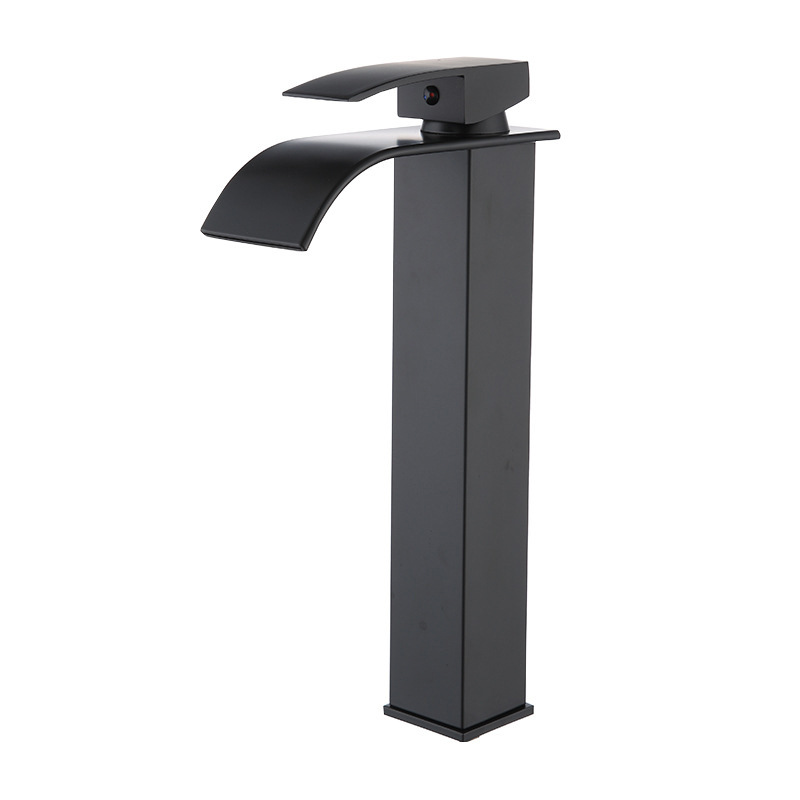 Matte Black Waterfall Basin Faucet, Single Lever Square Bathroom Vanity Sink Tap