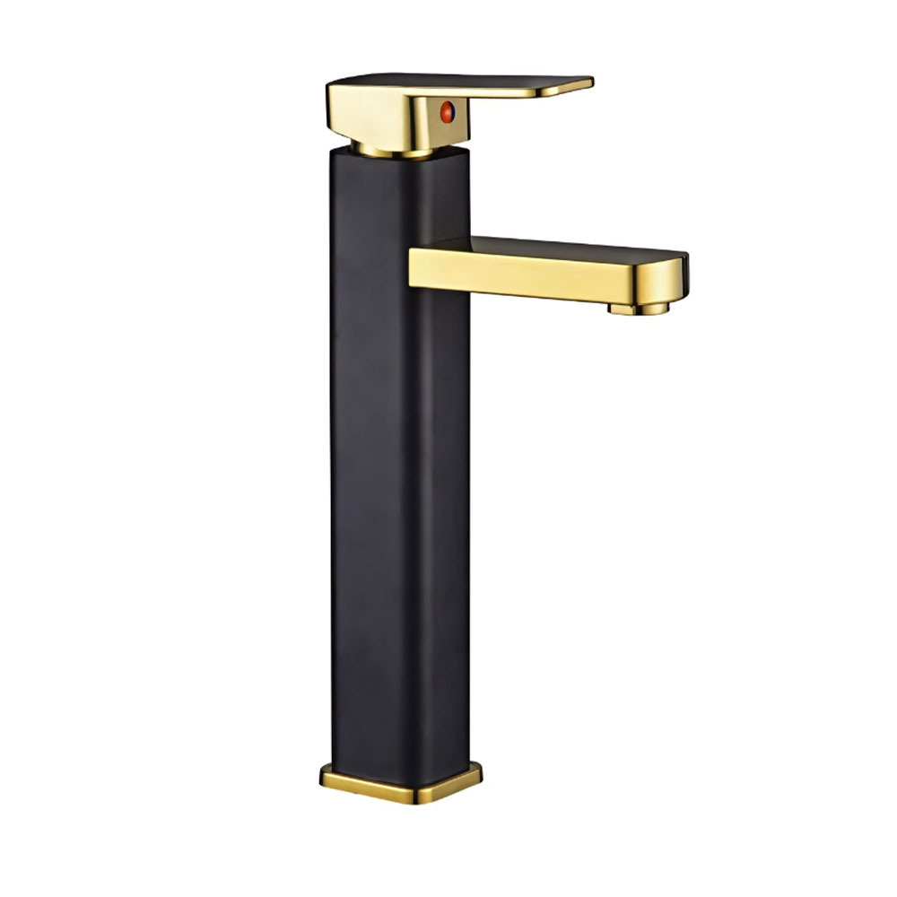 Matte Black & Gold Single Lever Basin Faucet, Square Tall Body Bathroom Vanity Sink Tap