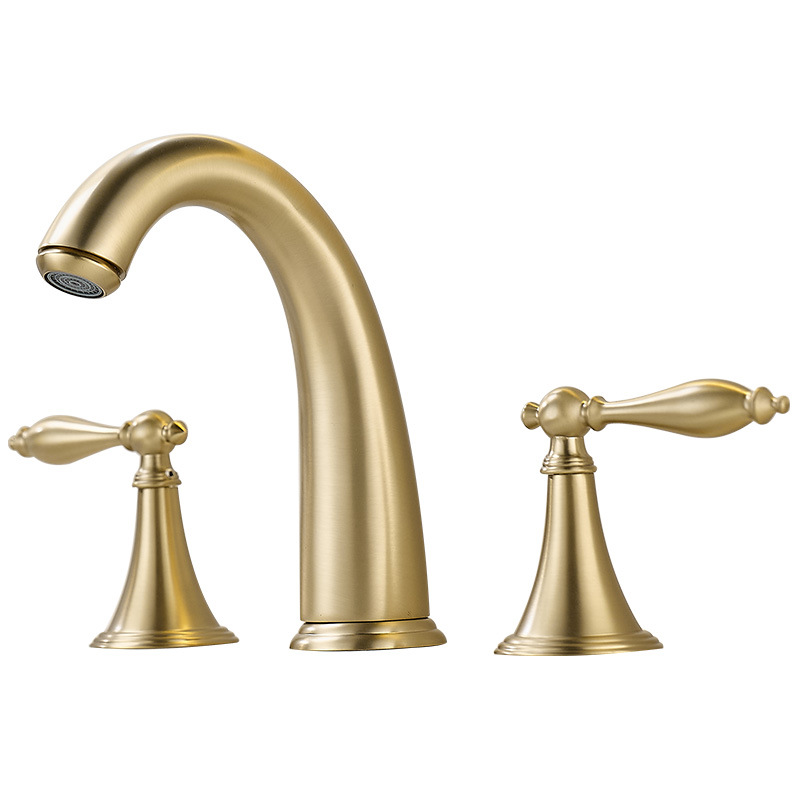 Brushed Gold 3 Hole Widespread Basin Faucet, Classic Double Handle Bathroom Vanity Sink Tap