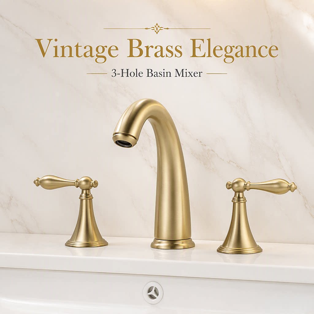 Brushed Gold 3 Hole Widespread Basin Faucet, Classic Double Handle Bathroom Vanity Sink Tap
