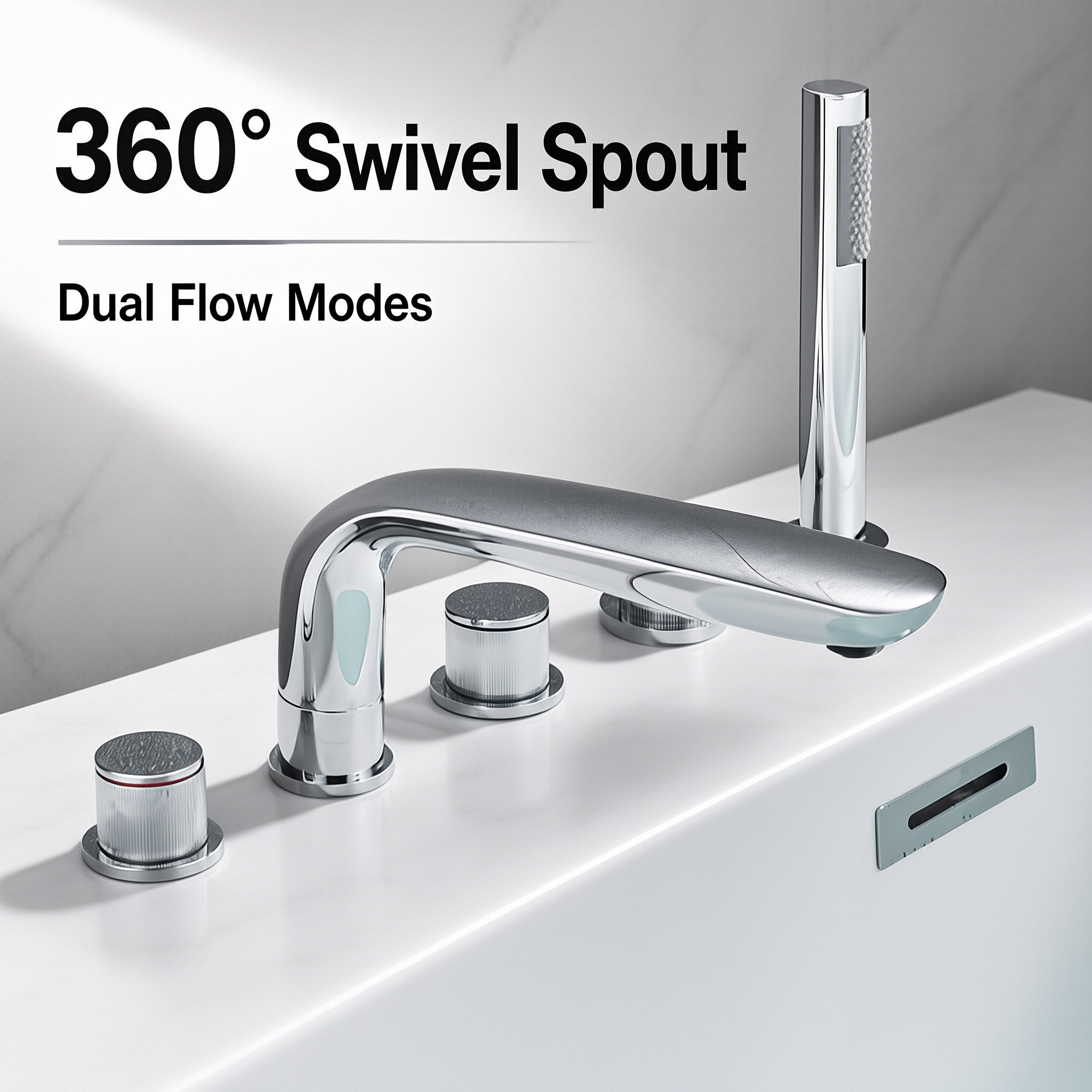 Gun Gray 4 Hole Deck Mount Bathtub Faucet Set, Curved Spout Tub Tap with Handheld Shower Sprayer