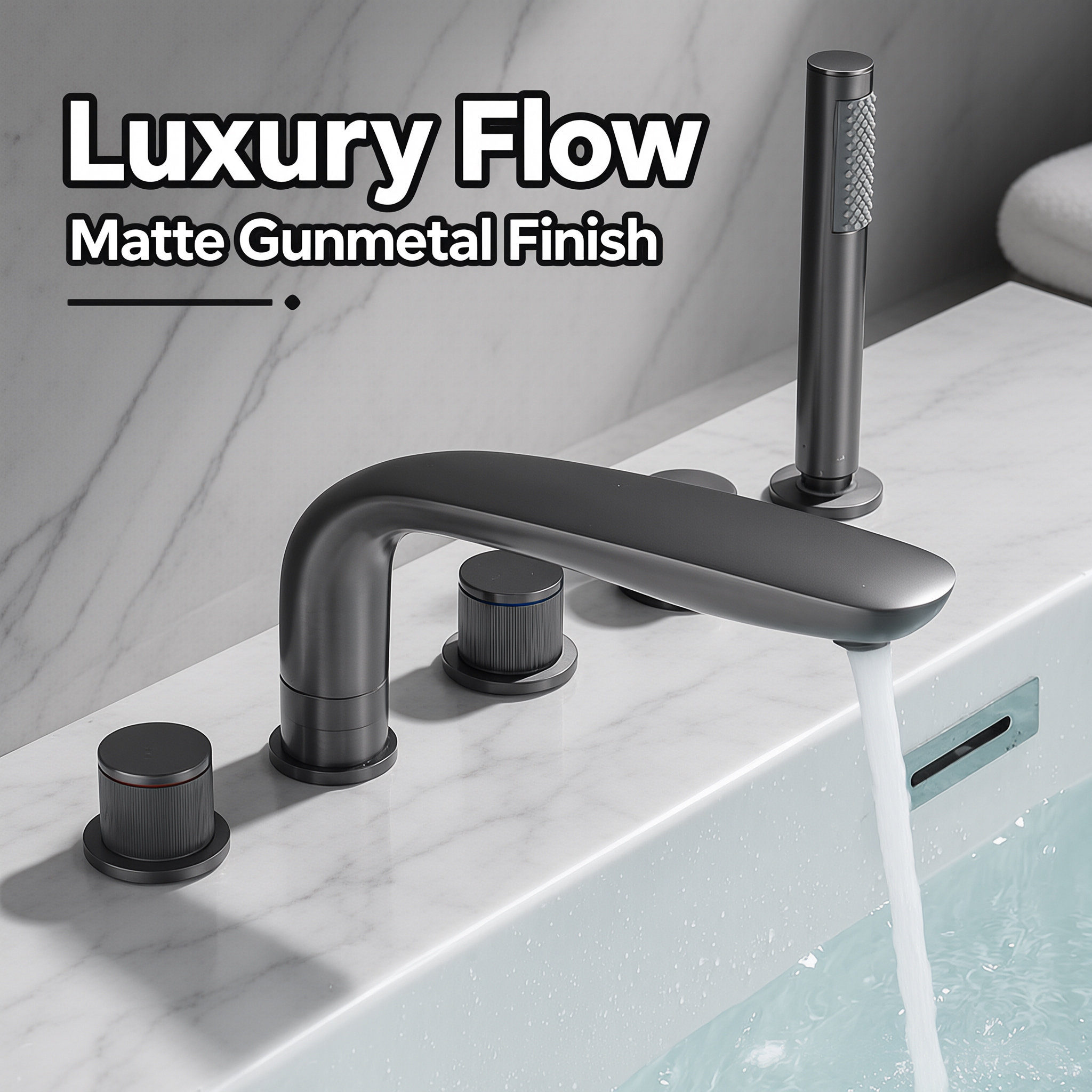 Gun Gray 4 Hole Deck Mount Bathtub Faucet Set, Curved Spout Tub Tap with Handheld Shower Sprayer