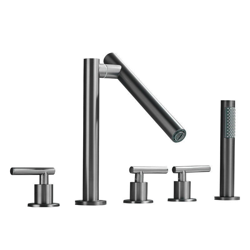 Gun Gray 5 Hole Deck Mount Bathtub Faucet Set, Swivel Tilting Spout Tub Tap with Handheld Shower