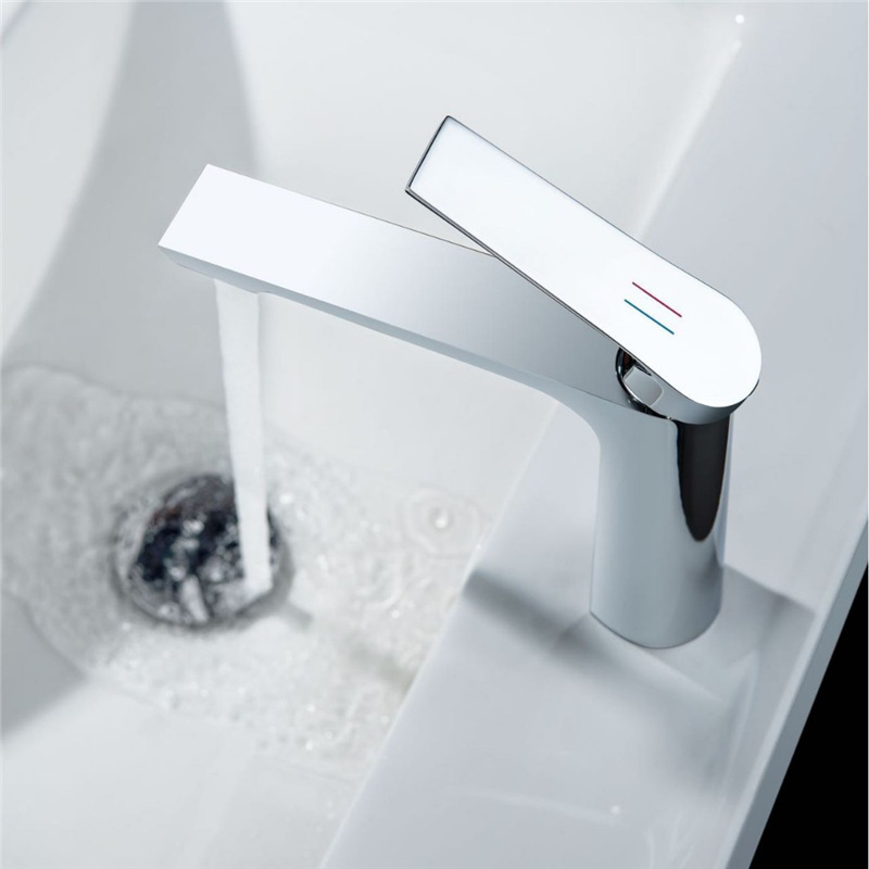 Gunmetal Grey Single Lever Basin Faucet, Long Flat Spout Modern Bathroom Vanity Sink Tap