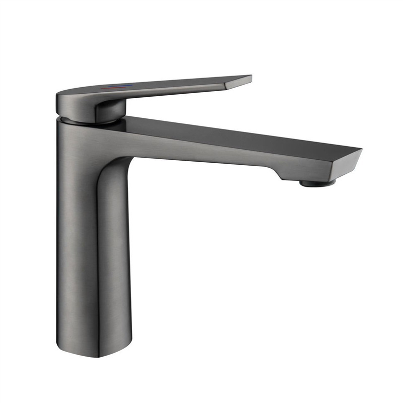 Gunmetal Grey Single Lever Basin Faucet, Long Flat Spout Modern Bathroom Vanity Sink Tap