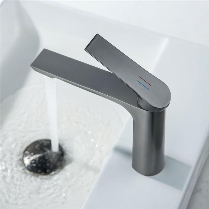 Gunmetal Grey Single Lever Basin Faucet, Long Flat Spout Modern Bathroom Vanity Sink Tap
