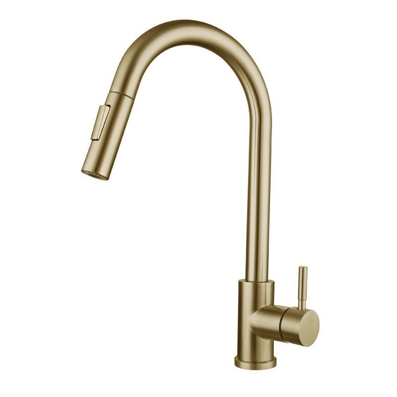 Brushed Champagne Gold Pull Out Kitchen Faucet, High Arc Swivel Single Lever Sink Tap