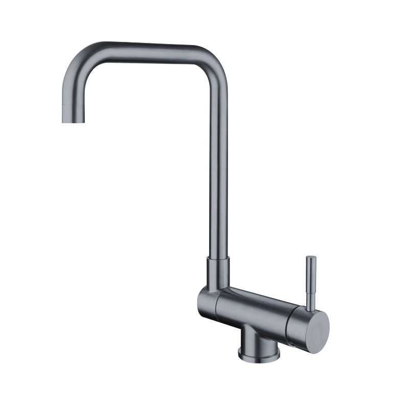 Brushed Champagne Gold Straight Tube Kitchen Faucet, L Shape 360 Swivel Single Lever Sink Tap