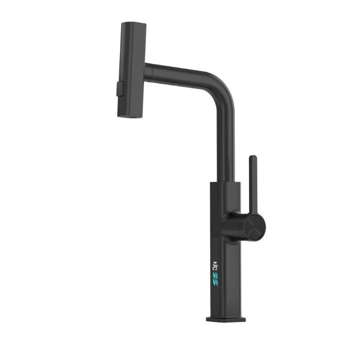 Chrome Digital Display Pull Out Kitchen Faucet, L Shape 360 Swivel Single Lever Sink Tap