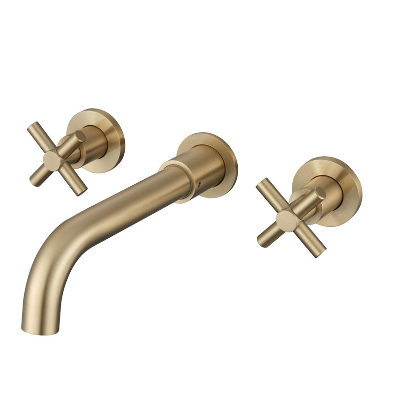 Brushed Gold Wall Mounted Basin Faucet, Cross Handle 3 Hole Concealed Bathroom Sink Tap