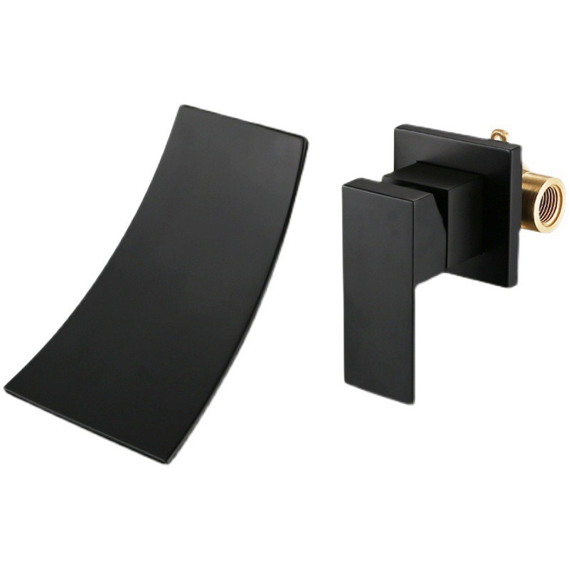 Matte Black Wall Mount Waterfall Basin Faucet, Square Single Lever Concealed Bathroom Sink Tap