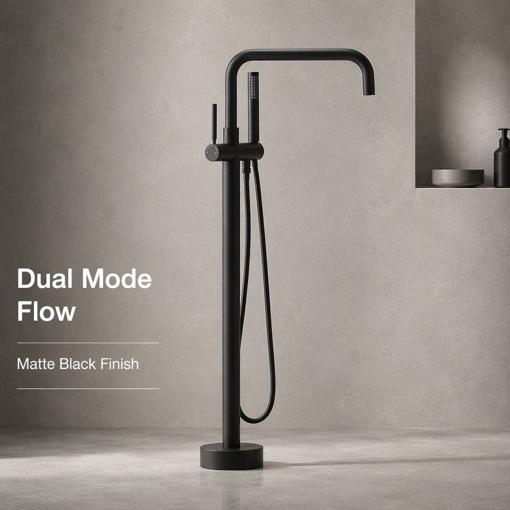 Matte Black Freestanding Bathtub Faucet, Floor Mount Tub Tap with Handheld Shower