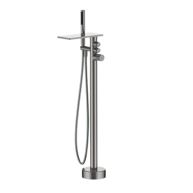 Gunmetal Grey Freestanding Bathtub Faucet, Floor Mount Tub Tap with Handheld Shower & Storage Shelf