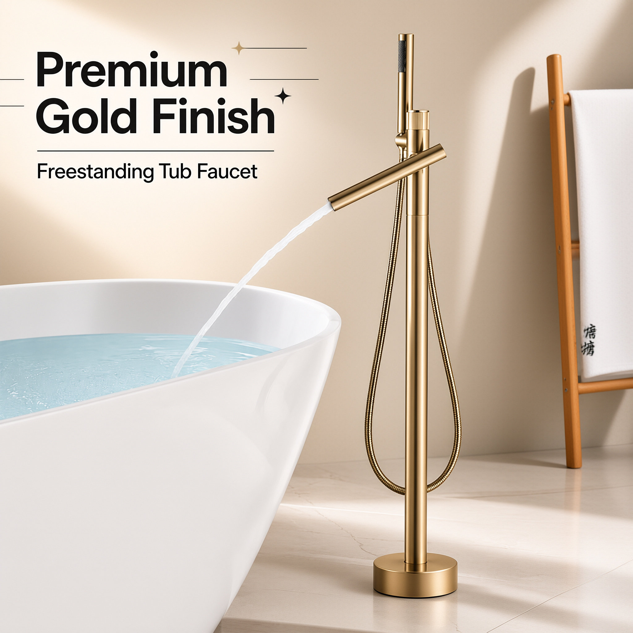 Brushed Gold Freestanding Bathtub Faucet, Floor Mount Tub Tap with Handheld Shower