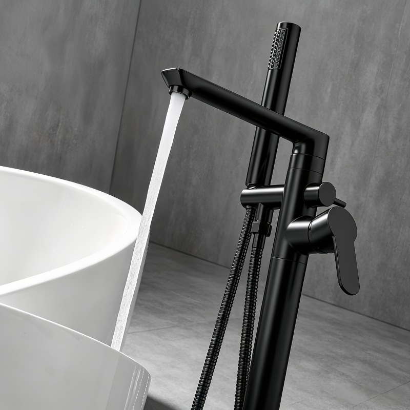 Matte Black Freestanding Bathtub Faucet, Floor Mount Tub Tap with Handheld Shower