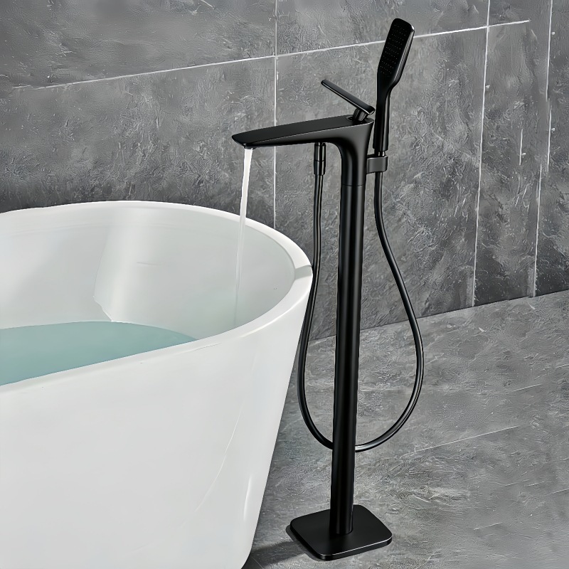 Matte Black Freestanding Bathtub Faucet, Floor Mount Tub Tap with Handheld Shower