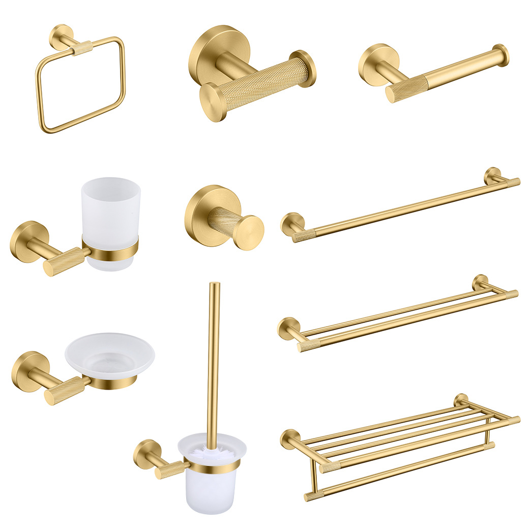 Brushed Gold Knurled Bathroom Hardware Set, 9-Piece Luxury Bath Accessories Kit