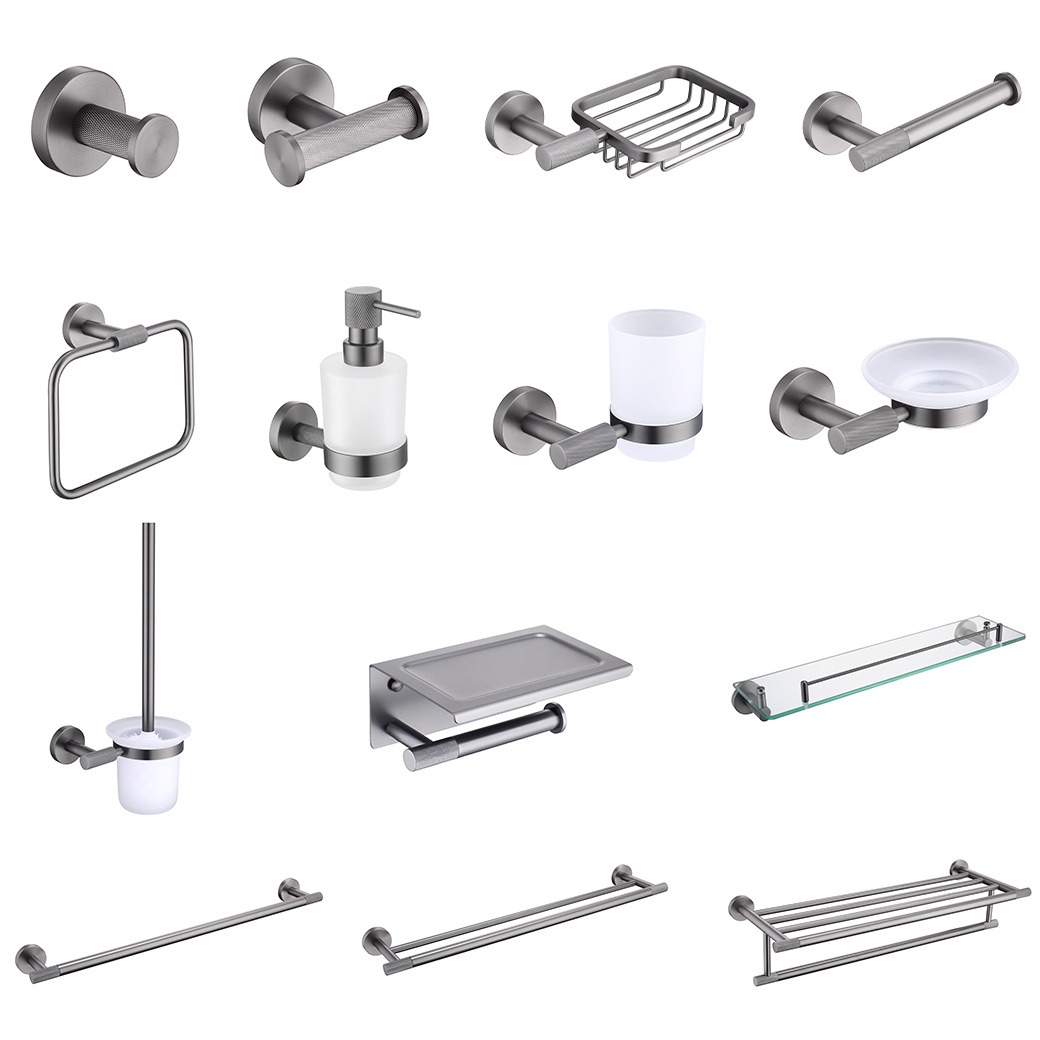 Gunmetal Knurled Bathroom Hardware Set, 13-Piece Luxury Bath Accessories Kit