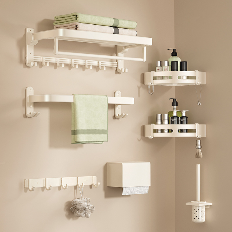 Cream White Foldable Space Aluminum Towel Rack, Wall Mount Bathroom Towel Shelf with Hooks