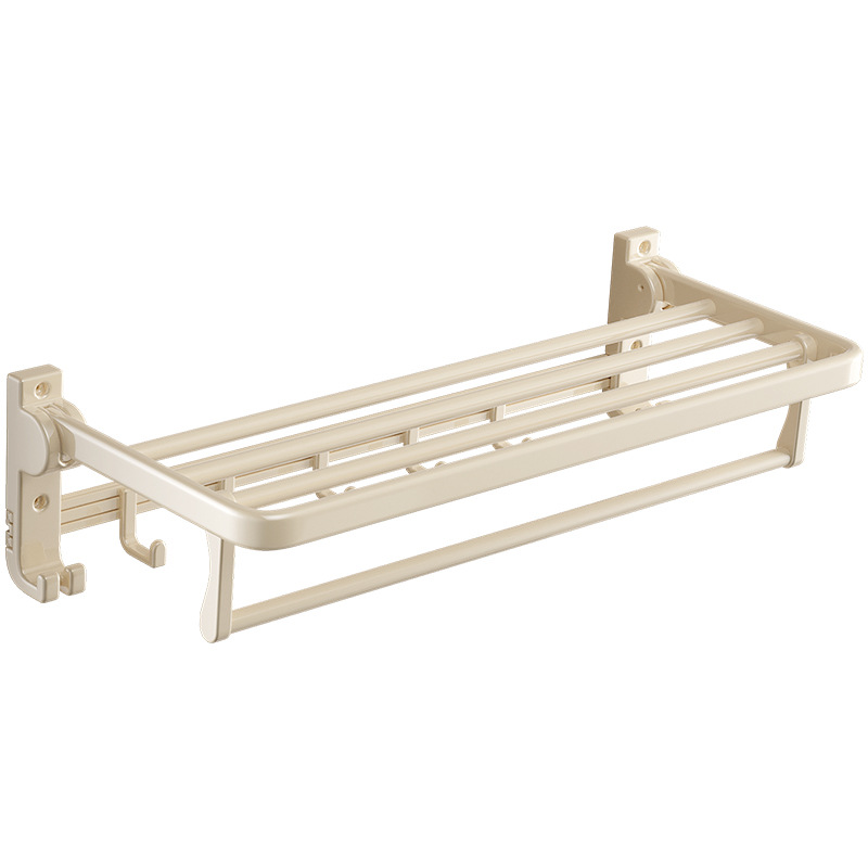 Cream White Foldable Space Aluminum Towel Rack, Wall Mount Bathroom Towel Shelf with Hooks
