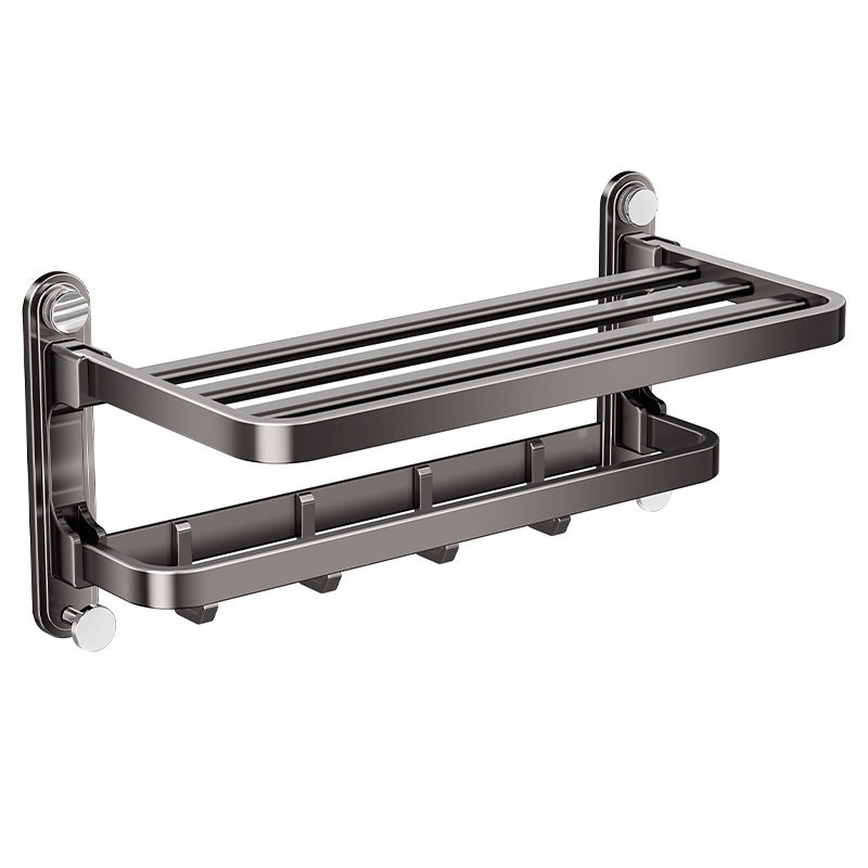Gunmetal Foldable Space Aluminum Towel Rack, Wall Mount Bathroom Towel Shelf with Hooks