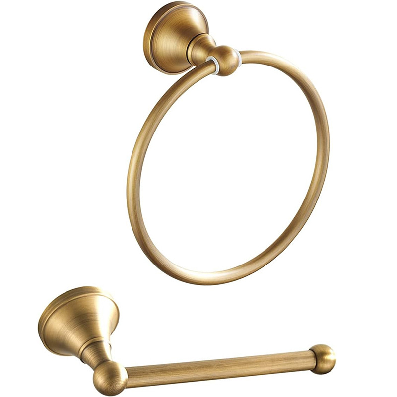 Antique Brass 2-Piece Bathroom Hardware Set, Wall Mount Towel Ring & Toilet Paper Holder Kit