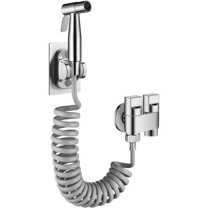 Polished Chrome Bidet Sprayer Set, Wall Mount Handheld Toilet Sprayer with Dual Outlet Valve & Spring Hose