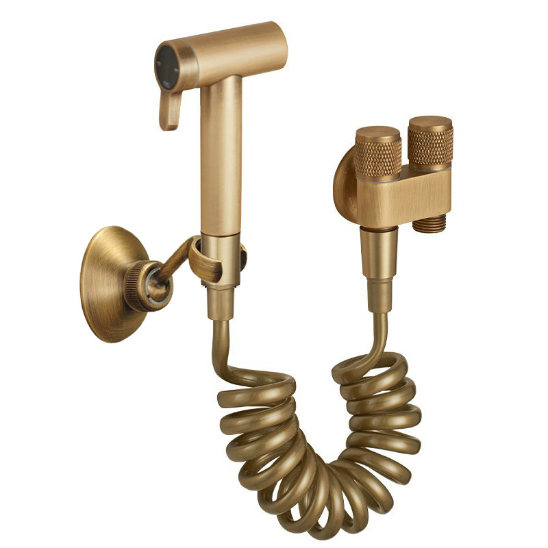 Brushed Gold T-adapter Bidet Sprayer Set, Handheld Toilet Spray Kit with Knurled Dual Valve & Spring Hose