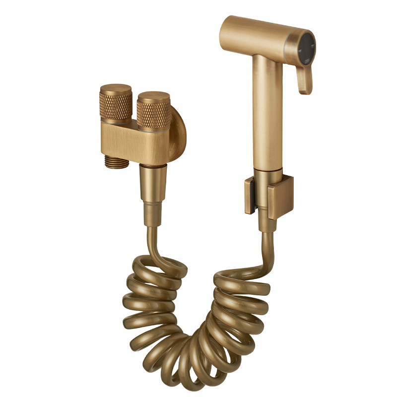 Brushed Gold T-adapter Bidet Sprayer Set, Handheld Toilet Spray Kit with Knurled Dual Valve & Spring Hose