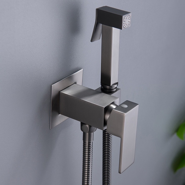 Gunmetal Grey Square Wall Mount Bidet Sprayer Set, Handheld Toilet Spray Kit with Angle Valve & Metal Braided Hose
