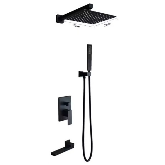 Polished Chrome 3 Function Concealed Shower System, 20cm Square Rain Shower Set with Handheld & Tub Spout