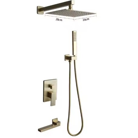 Polished Chrome 3 Function Concealed Shower System, 20cm Square Rain Shower Set with Handheld & Tub Spout