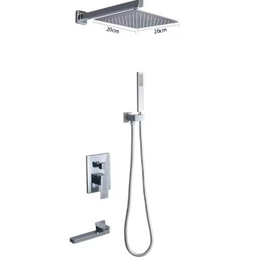 Polished Chrome 3 Function Concealed Shower System, 20cm Square Rain Shower Set with Handheld & Tub Spout