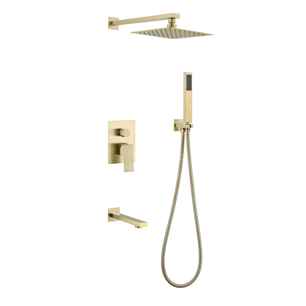 Brushed Gold 3 Function Concealed Shower System, Square Rain Shower Set with Handheld Shower & Tub Spout