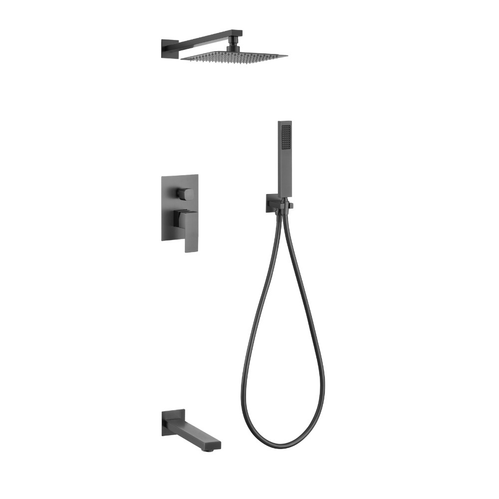 Brushed Gold 3 Function Concealed Shower System, Square Rain Shower Set with Handheld Shower & Tub Spout