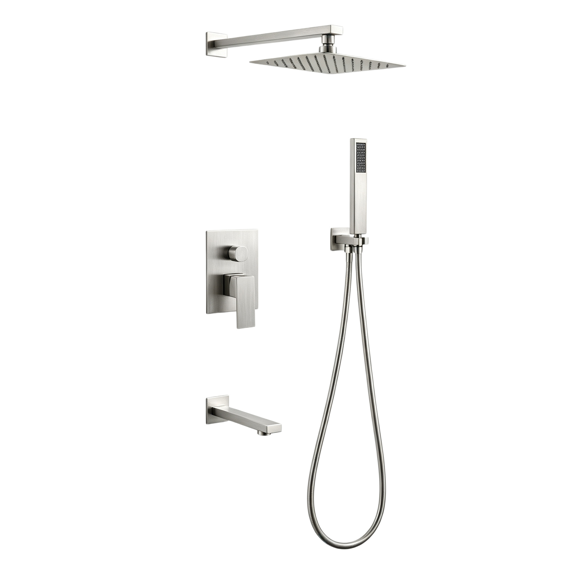 Brushed Gold 3 Function Concealed Shower System, Square Rain Shower Set with Handheld Shower & Tub Spout