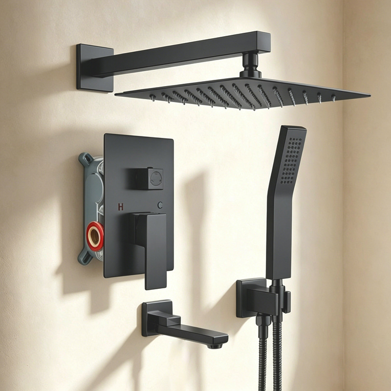 Brushed Gold 3 Function Concealed Shower System, Square Rain Shower Set with Handheld Shower & Tub Spout