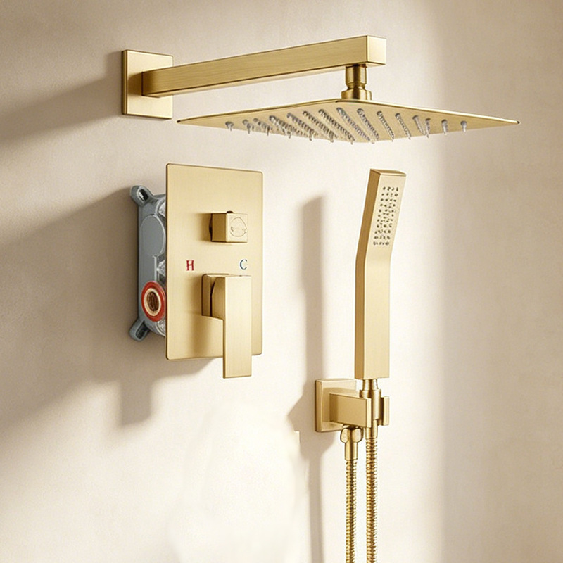 Brushed Gold 3 Function Concealed Shower System, Square Rain Shower Set with Handheld Shower & Tub Spout