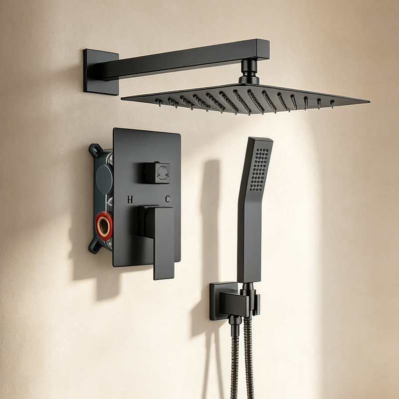 Brushed Gold 3 Function Concealed Shower System, Square Rain Shower Set with Handheld Shower & Tub Spout