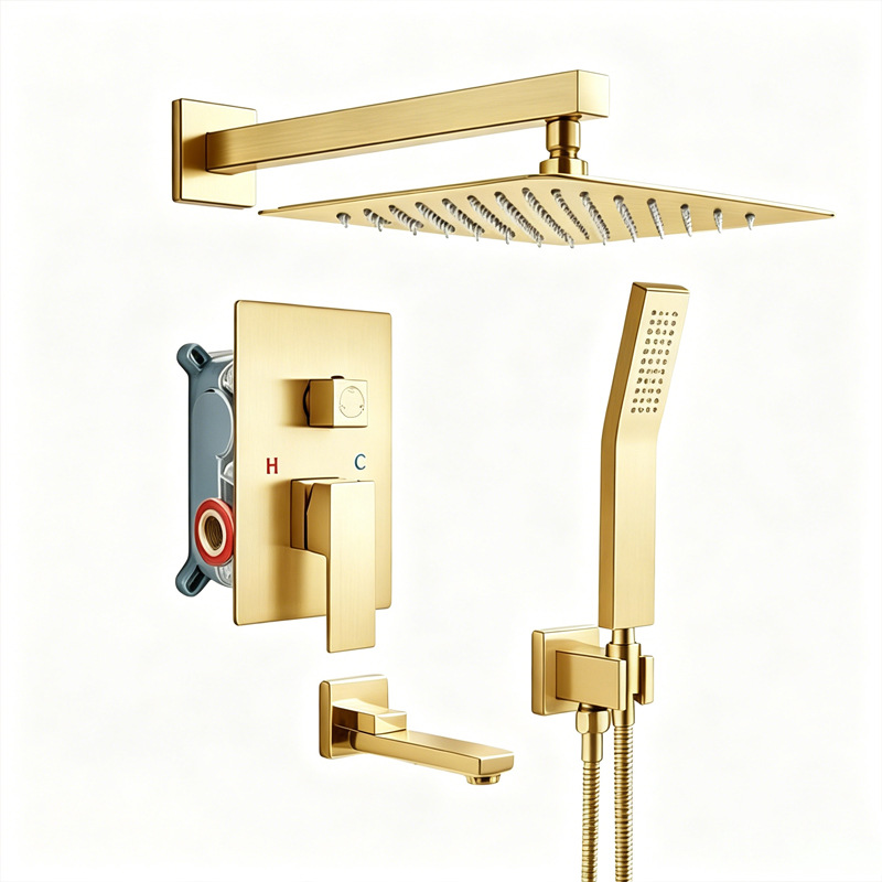 Brushed Gold 3 Function Concealed Shower System, Square Rain Shower Set with Handheld Shower & Tub Spout